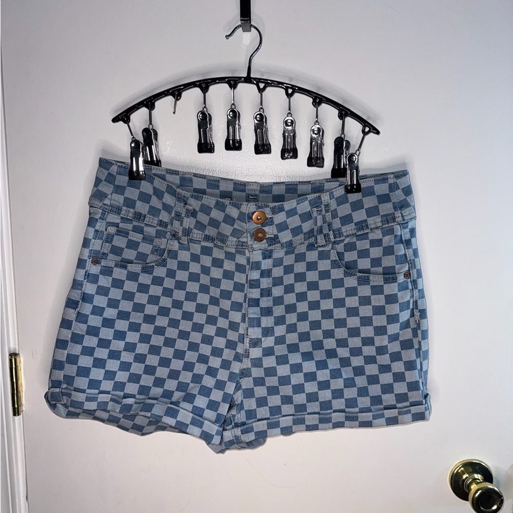 No Boundaries Blue Checkered Denim Shorts